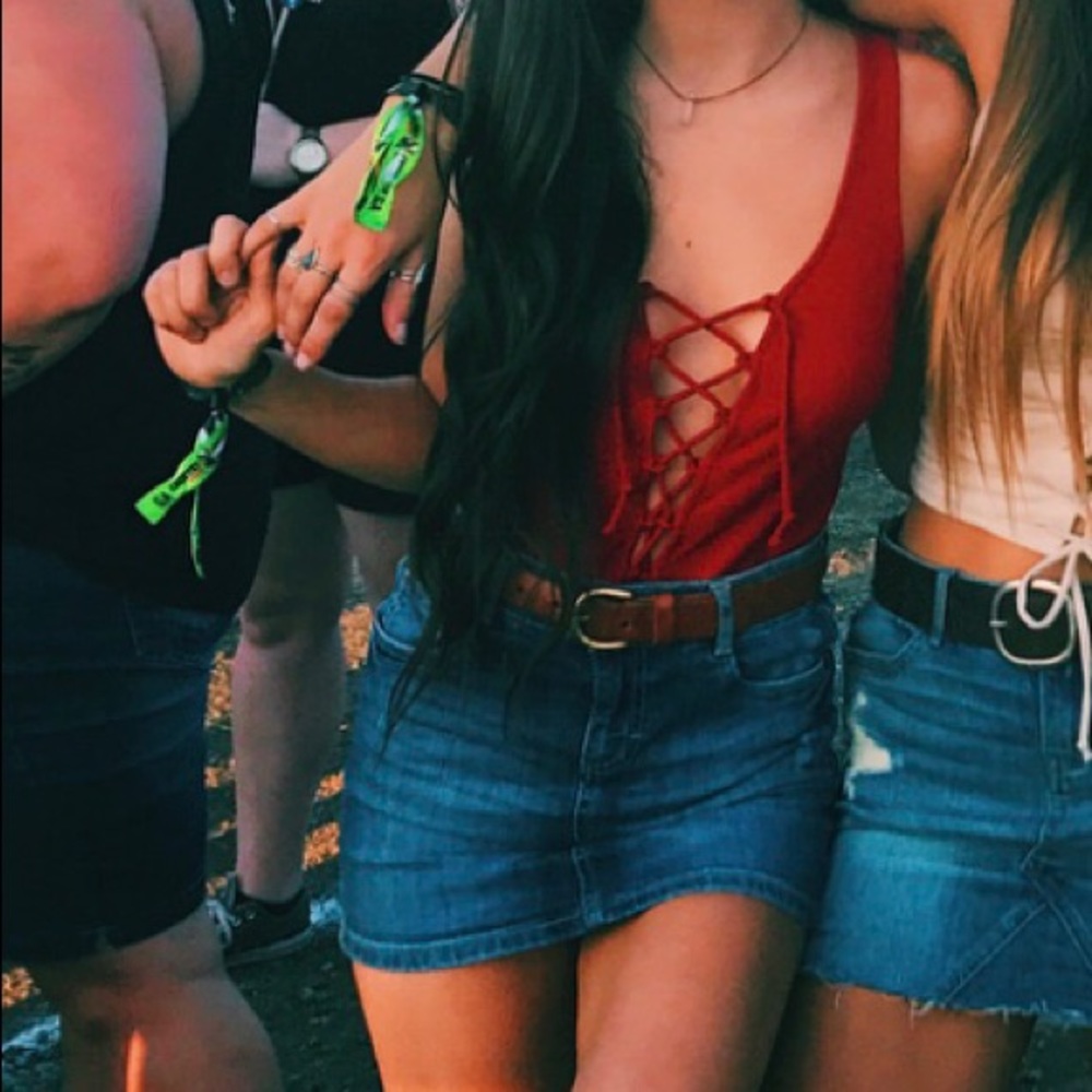 Red ribbed lace up bodysuit